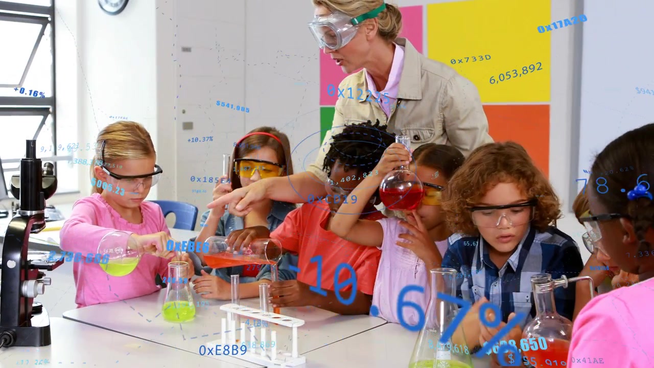Child pouring green solution, peers passing test tubes while instructor guiding in science lesson