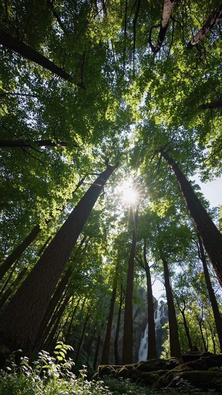 Luce solare che filtra attraverso alti alberi della foresta sopra una cascata