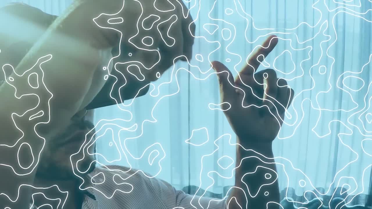 가상 인터페이스를 사용하여 vr 헤드 ⁇ 을 착용한 사람 위로 움직이는 윤 ⁇  선의 애니메이션