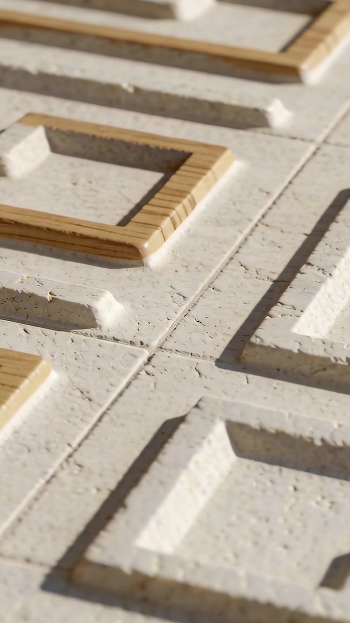 Vertical video: Panning camera revealing recessed panel under sun showing wood inlays and shadows