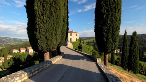 cypress-lined road leading to a historic villa in the tuscan countryside