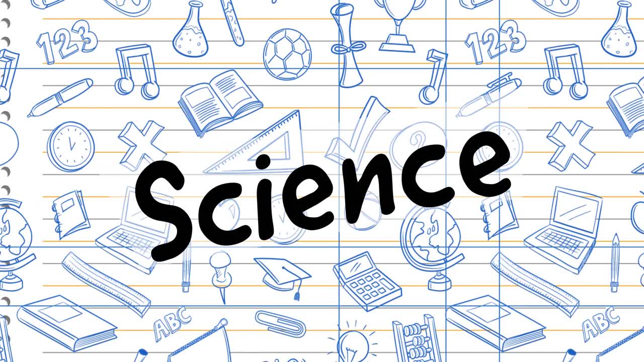 Animation of science text over school items icons