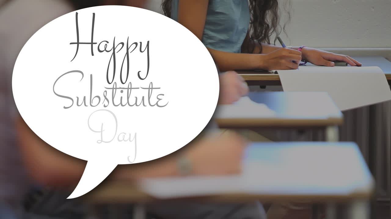 Animation of happy substitute day text over diverse schoolchildren in classroom