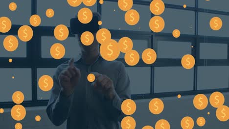 animación de monedas de dólar sobre el hombre caucásico usando auriculares vr