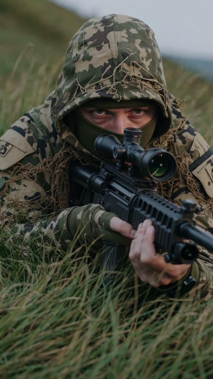 Close-up, low-angle shot of a camouflaged soldier aiming a rifle in tall grass, creating a tense