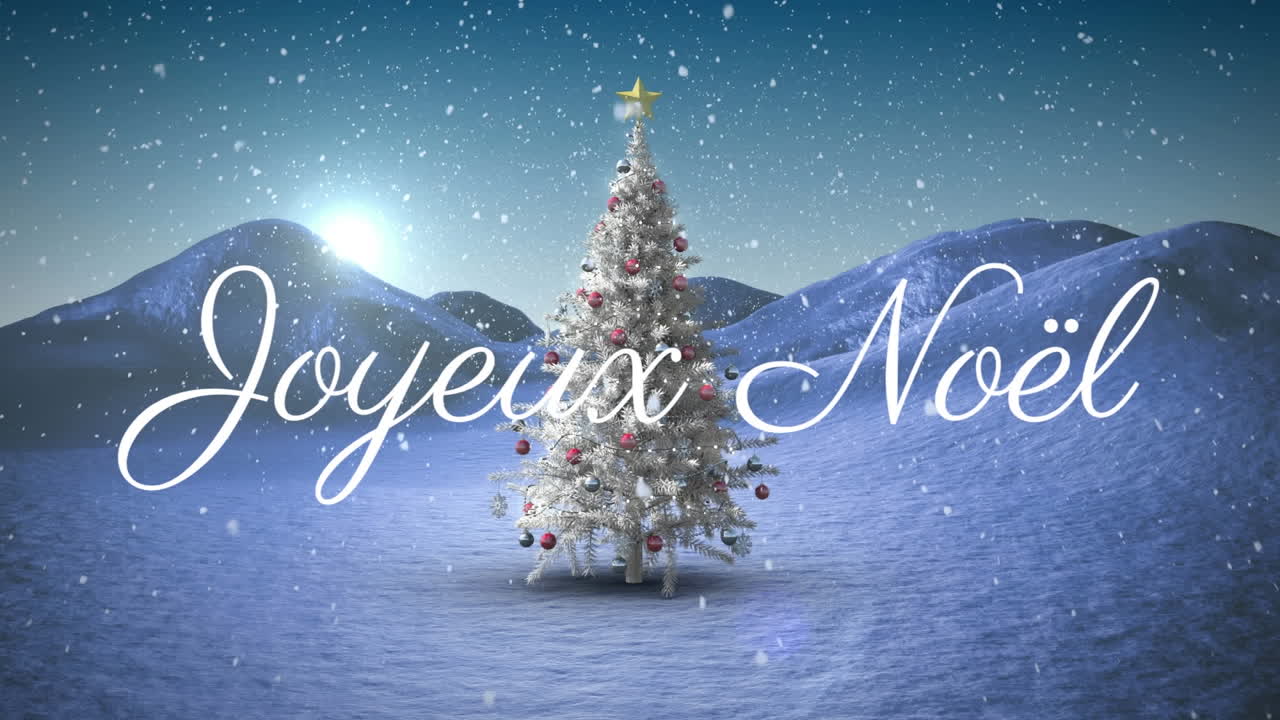 Animazione di auguri di Natale "Joyeux Noël" su albero di Natale in paesaggio invernale