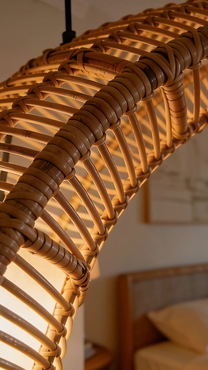 Video verticale: Telecamera che indietreggia rivelando una lampada in rattan intrecciato che illumina il letto, mostrandone la curvatura.