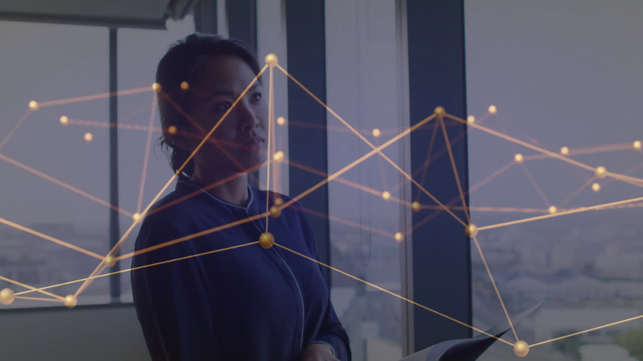 Businesswoman in office with network connections and data processing animation