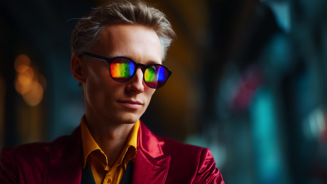 Giovane uomo elegante con occhiali da sole vivaci e un abito elegante, in posa sicura di sé, che emana carisma e un senso della moda trendy con riflessi colorati