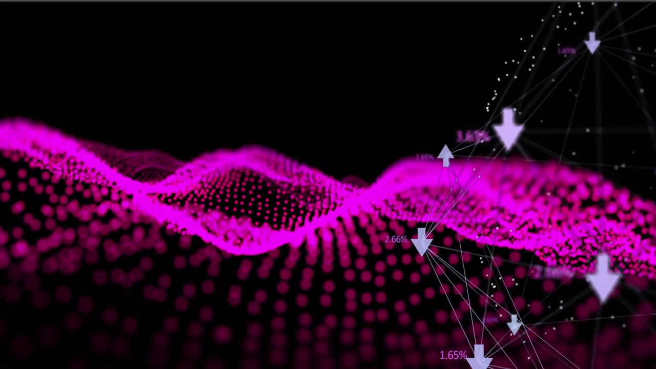 Animation of numbers and arrows pointing down over abstract waving mesh with pink spots