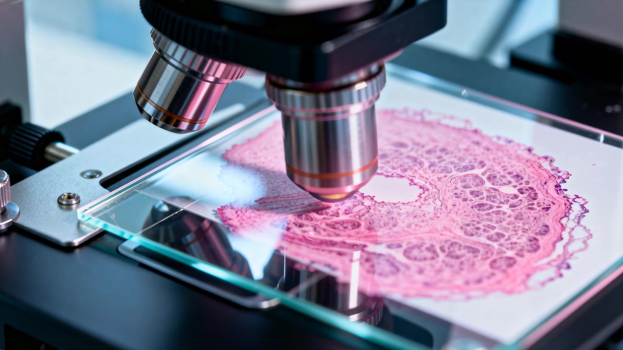 Focus knob turning, microscope objective lowering onto slide at lab bench, revealing pink tissue