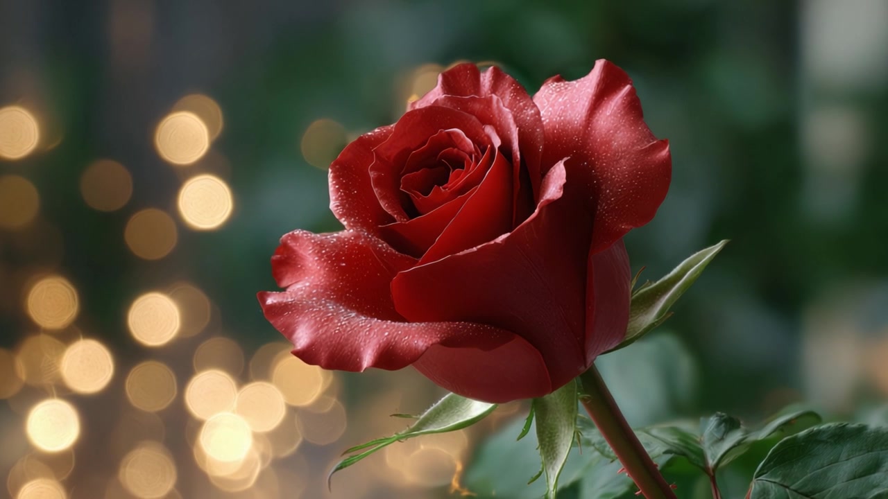 Primo piano mozzafiato di una rosa rossa con gocce di rugiada su uno sfondo splendidamente sfocato di calde luci bokeh che creano un'atmosfera elegante.