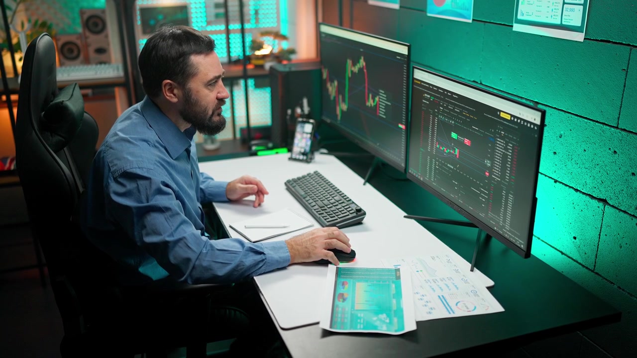 Professional Man Analyzing Financial Data and Charts on Computer Monitors