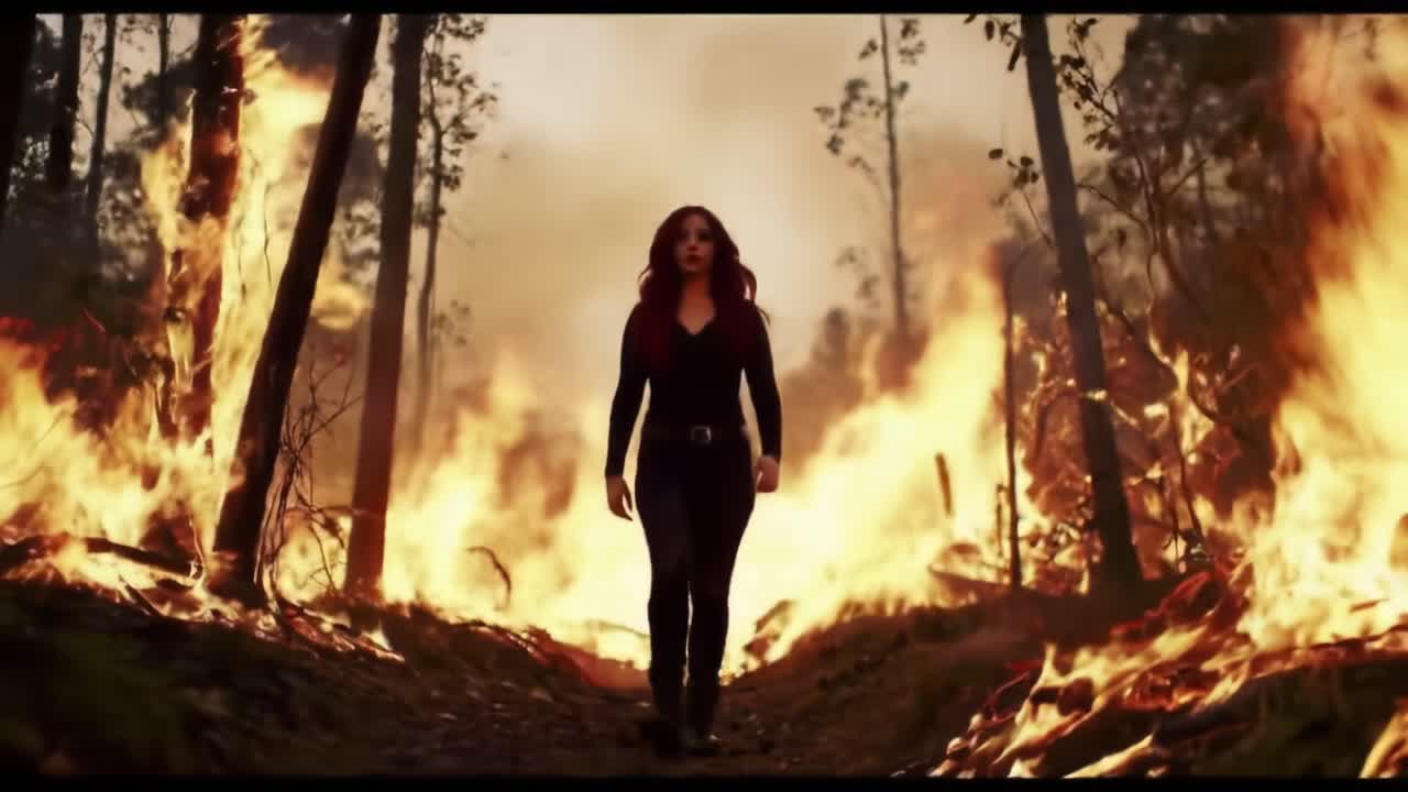 Intense Character Walks Through Fire in an Apocalyptic Forest Landscape at Dusk