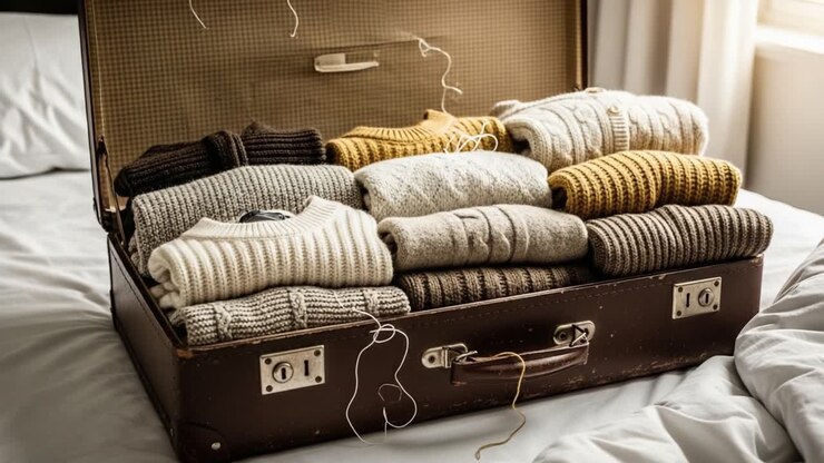 Una collezione di momenti di maglieria accogliente: esplorare il calore e il comfort di maglioni piegati in una valigia vintage su un letto morbido