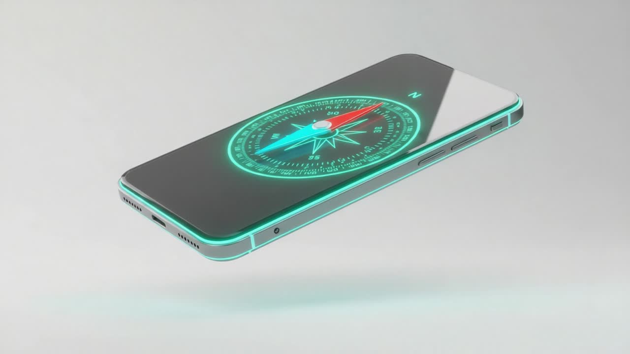 Futuristic Smartphone Displaying Digital Compass Interface with Ethereal Glow and Floating Effect Against Minimalistic Background