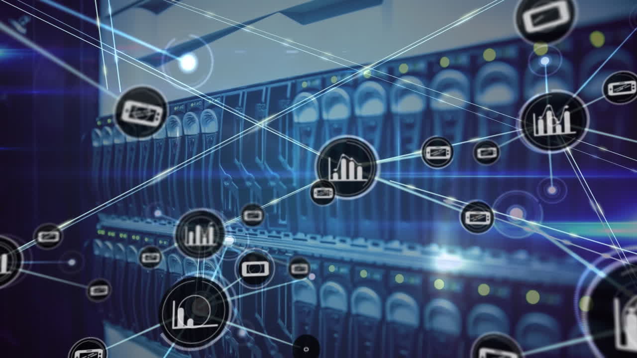 Animation of network of connections with icons and data processing over computer server