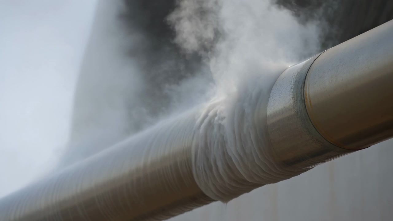 Vista ravvicinata di tubi industriali che rilasciano vapore o fumo in un ambiente di fabbrica, evidenziando i materiali metallici e grigio-bianchi. La scena trasmette un ambiente potenzialmente pericoloso.