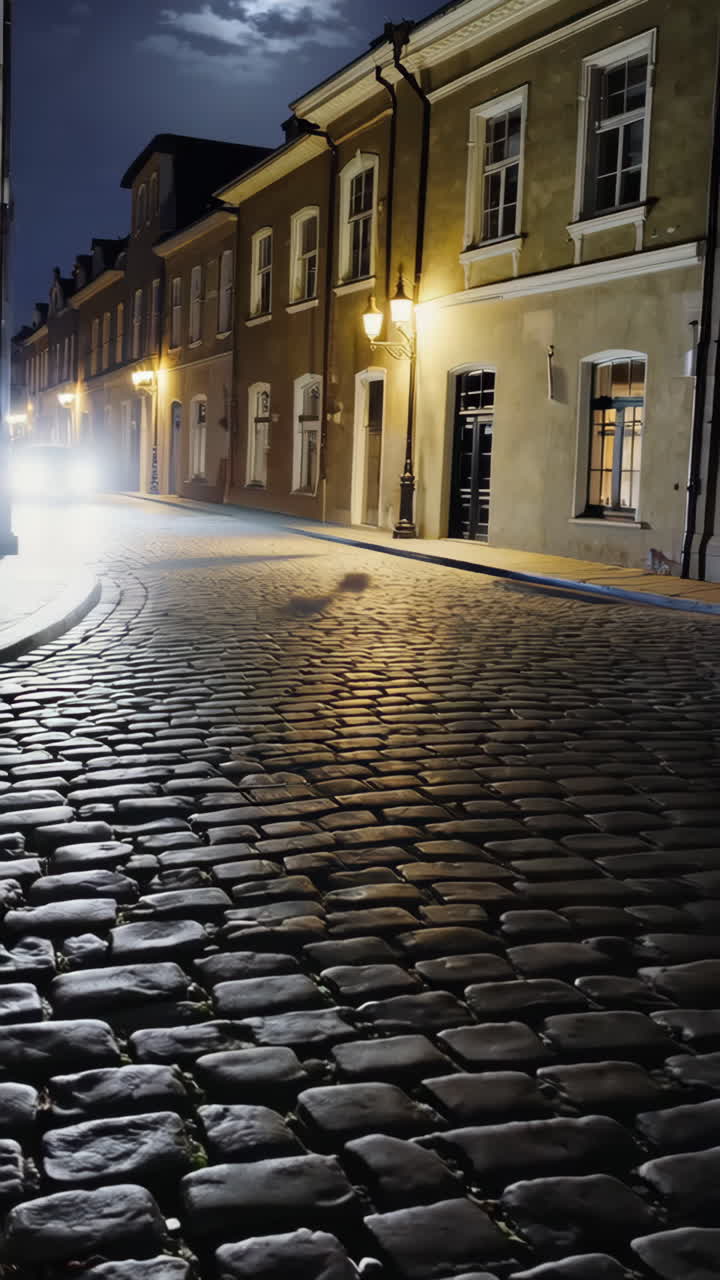 Night Street Scene with Cobblestone Pavement
