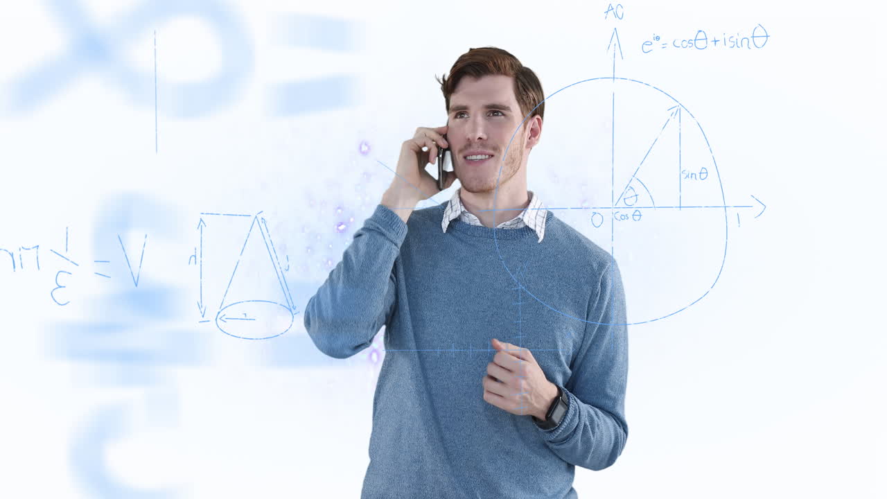 Akıllı telefonda konuşan beyaz adam üzerinde yüzen matematiksel denklemler animasyonu