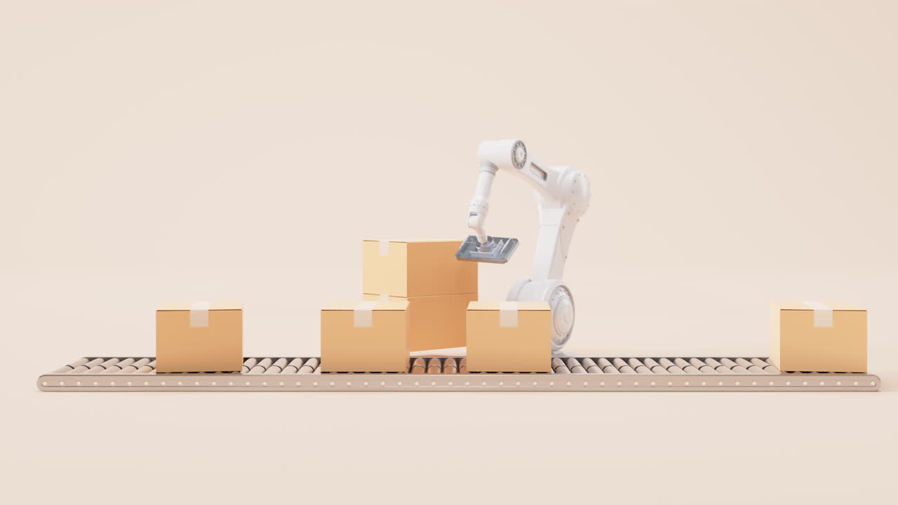 Braccio meccanico e scatola di cartone, rendering 3D