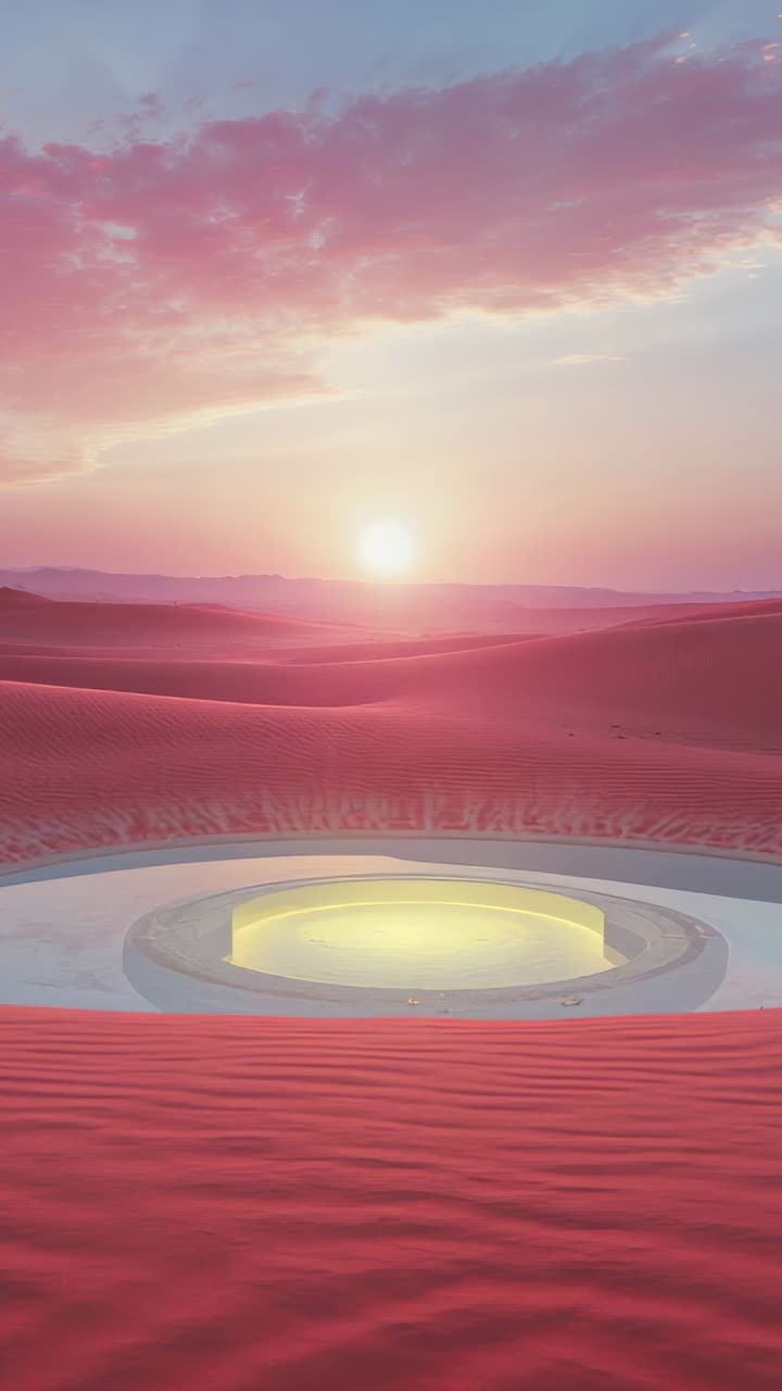 Vertical video: Emerging yellow light column reflecting in circular basin at pink dunes sunrise