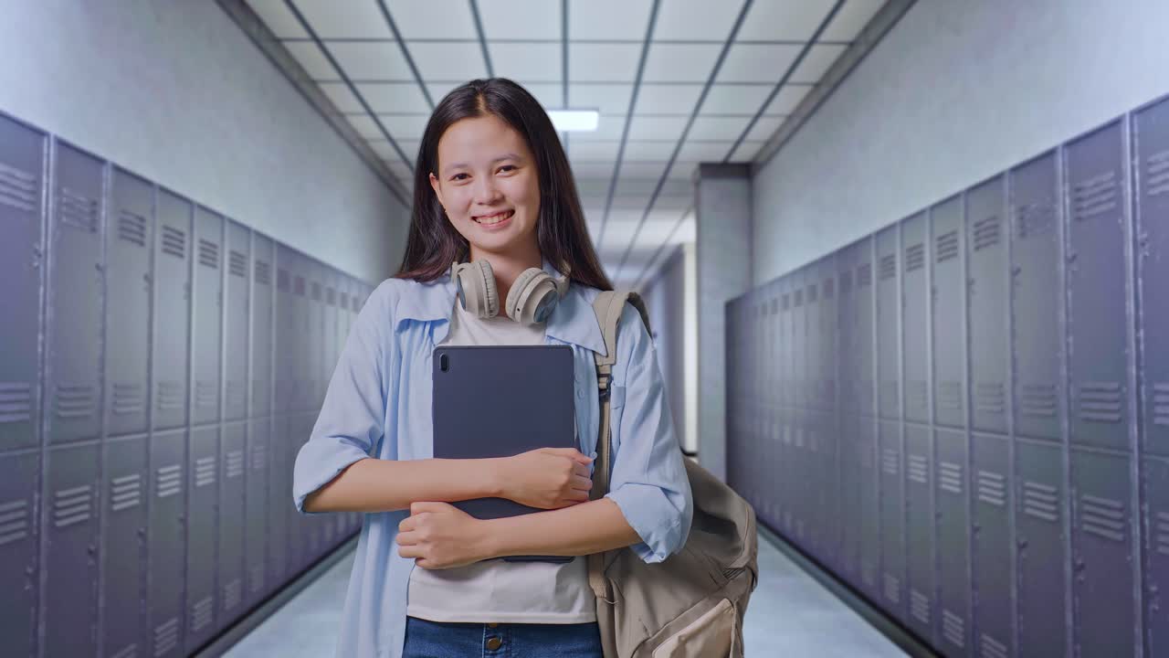 Studentessa asiatica adolescente con uno zaino che tiene un tablet e sorride alla fotocamera mentre è in piedi in corridoio.