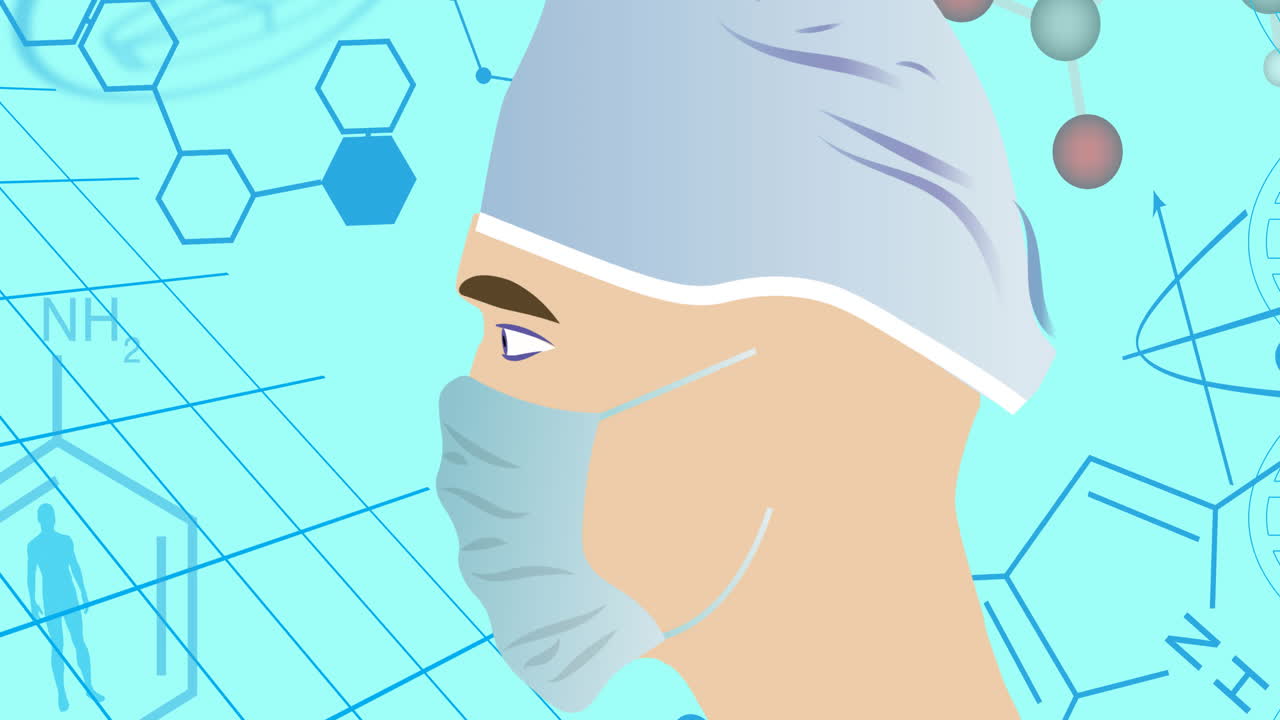 animación de un médico con una máscara facial sobre iconos médicos