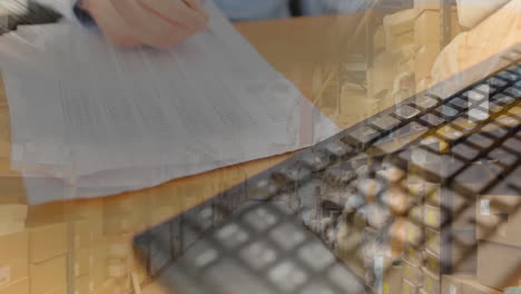 animation of woman making notes on delivery note over warehouse with boxes