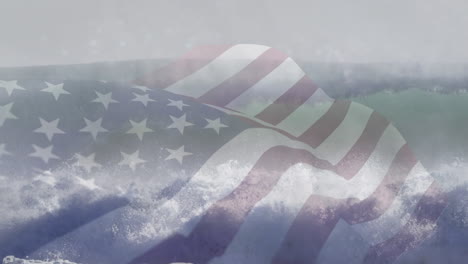 composición digital de agitarnos la bandera contra las olas en el mar