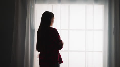 Silhouette-Einer-Frau-Mit-Langen-Haaren-Steht-In-Der-Nähe-Eines-Französischen-Fensters