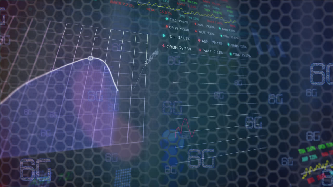 Animation of shapes over data processing and circle on black background