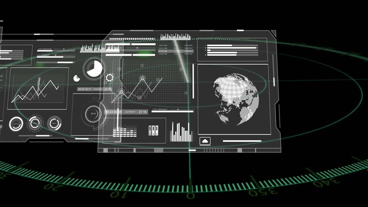 Futuristic digital interface displaying graphs, charts, and rotating globe animation