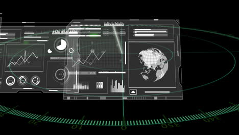 Futuristic digital interface displaying graphs, charts, and rotating globe animation