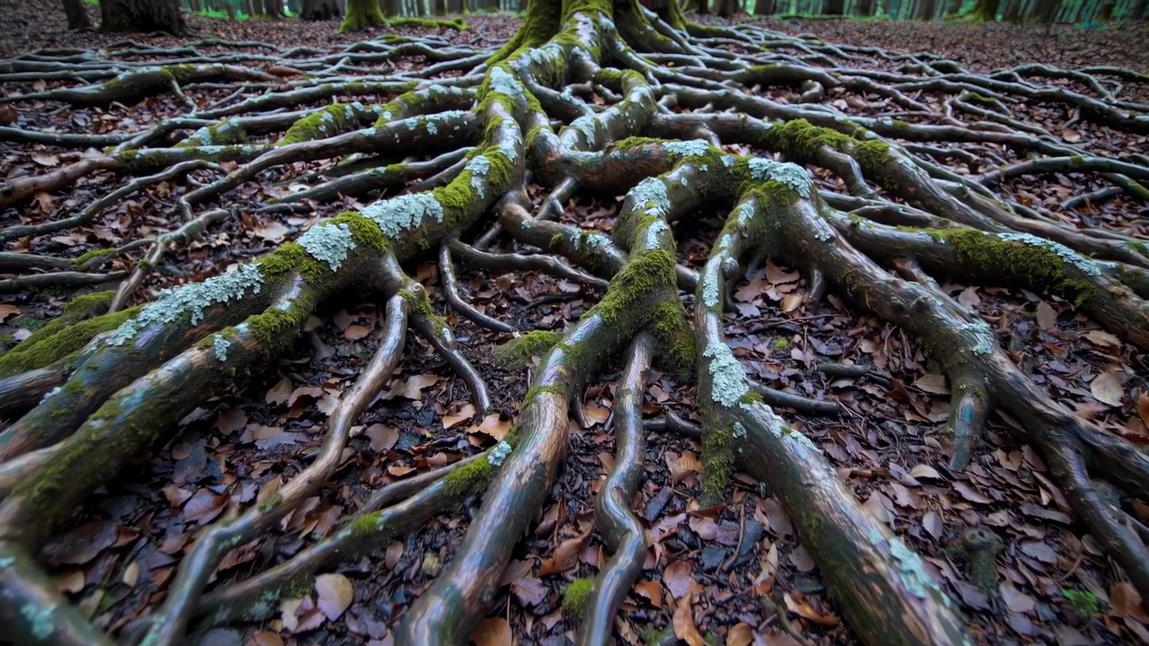 Detailed View of Mossy Tree Roots Spreading Across Forest Floor