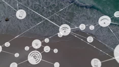 Animation of network of connections with icons over sea view