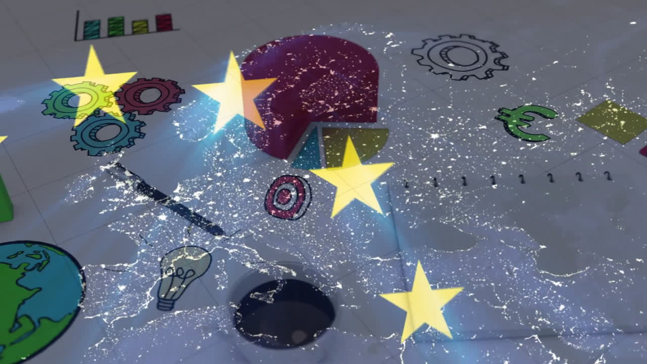 Animation of European map with stars and icons overlaying city lights at night