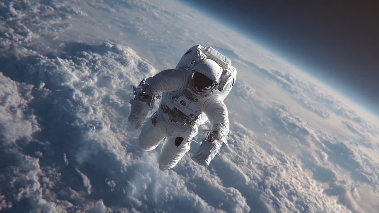 An Astronaut Floating in Space Above Earth, Surrounded by a Stunning Cloud Layer and the Vastness of the Cosmos, Capturing the Essence of Space Exploration and Human Endeavor