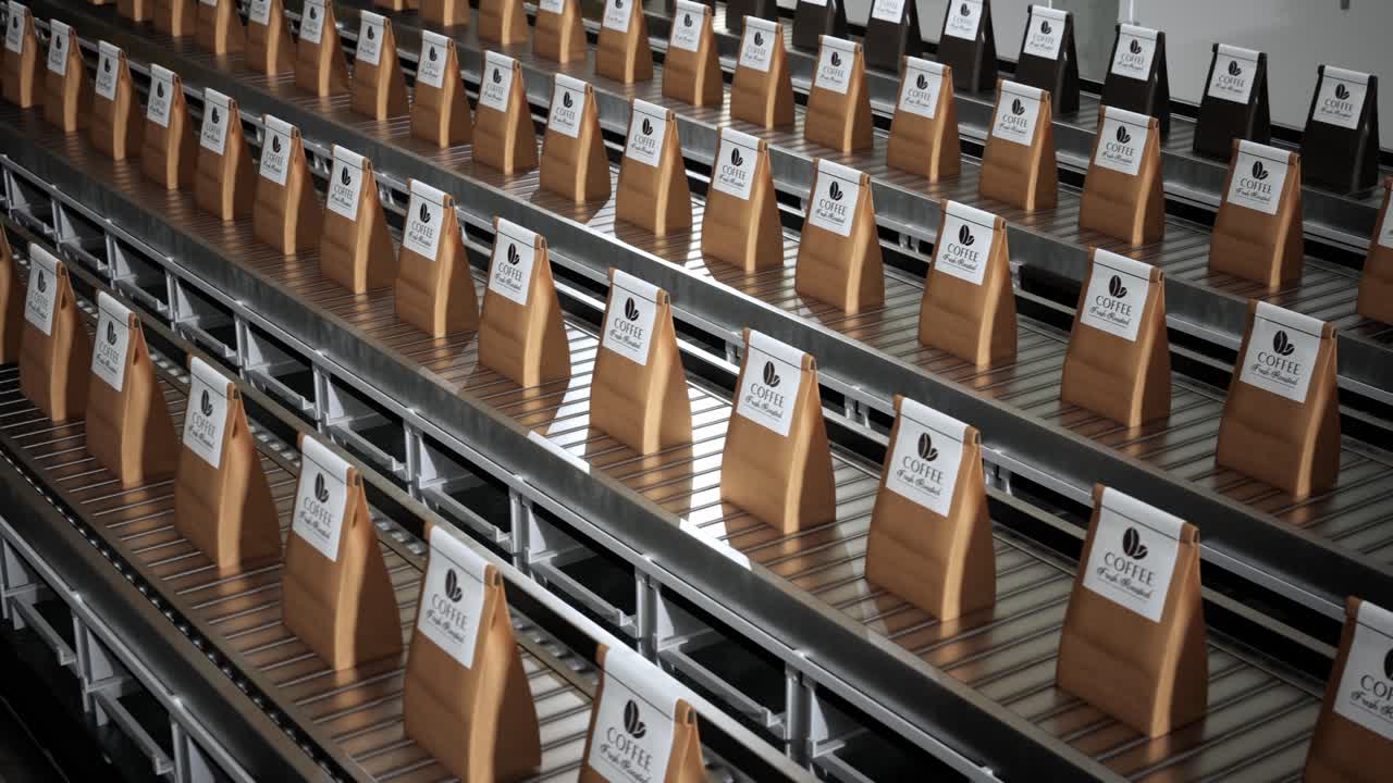 Roasted Coffee Beans In Package On Conveyor Belt In Factory. Coffee Production