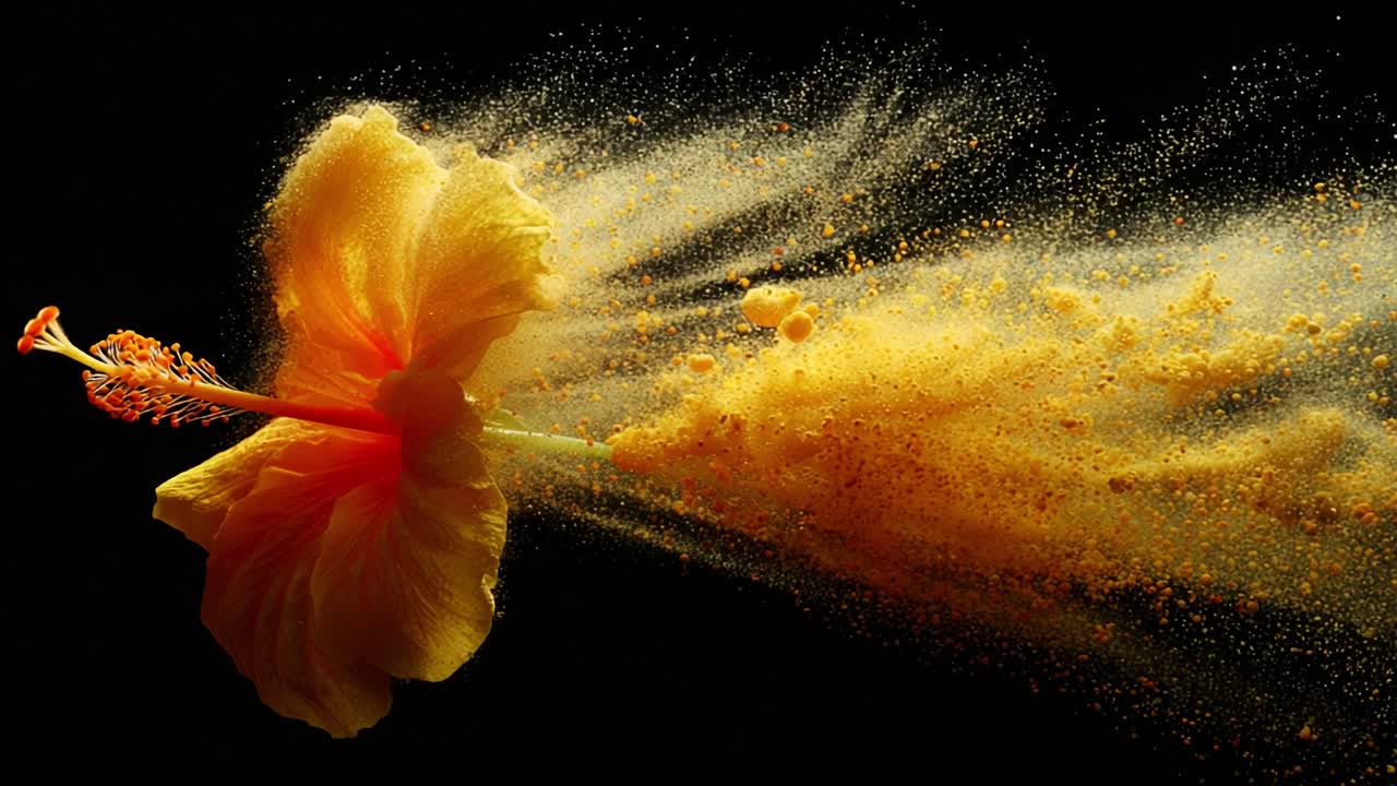 A mesmerizing visual of a vibrant yellow hibiscus flower bursting forth with a cloud of golden powder, symbolizing beauty and energy in a dramatic and artistic portrayal against a dark background