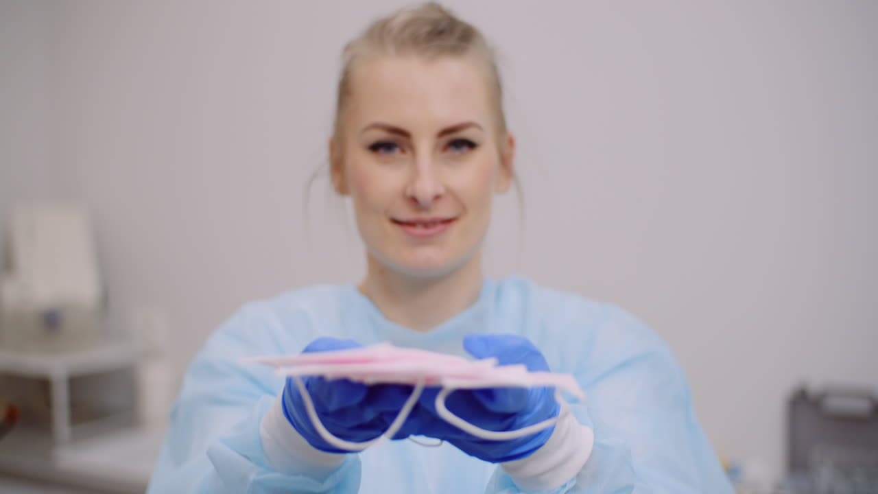 женщина держит в руках защитную маску 4