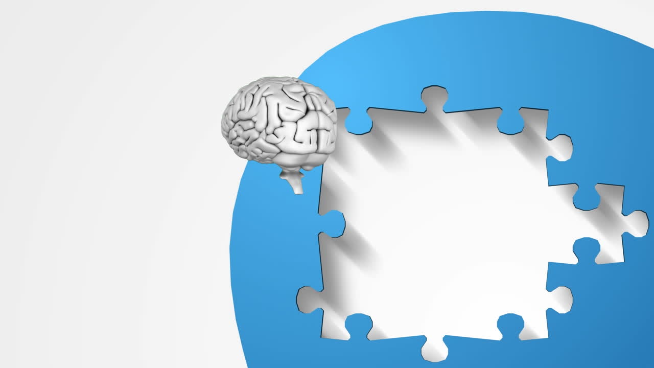 animación del cerebro encajando en un rompecabezas sobre la cabeza humana