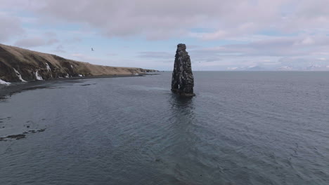 Vista-Aérea-De-La-Roca-De-Basalto-Hvítserkur,-Hito-Natural-De-Islandia,-Disparo-De-Drones