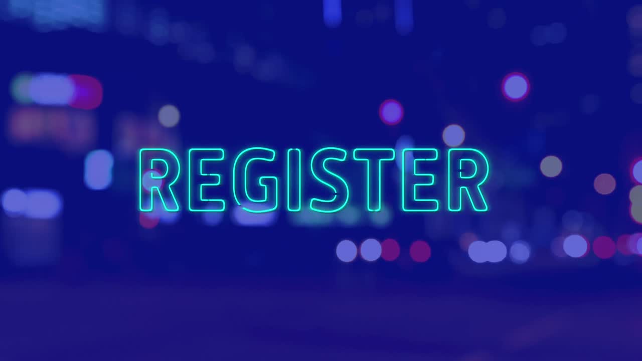 animación del texto del registro sobre el paisaje urbano por la noche sobre fondo azul