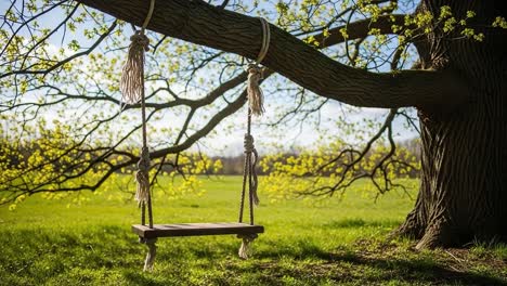 a tranquil swing hanging from an oak tree, embraced by lush greenery under a bright blue sky, creating a scene of peaceful relaxation and natural beauty