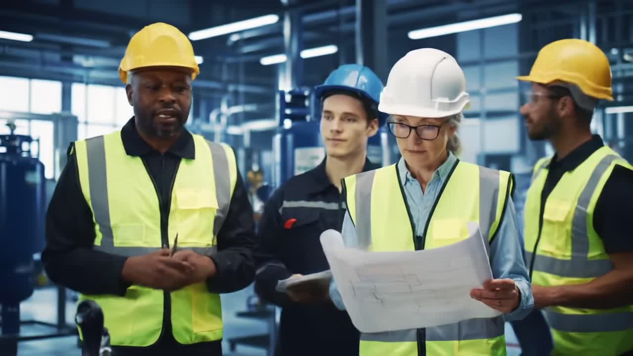 Engineers Discuss Project Plans in a Modern Industrial Facility During Daylight Hours