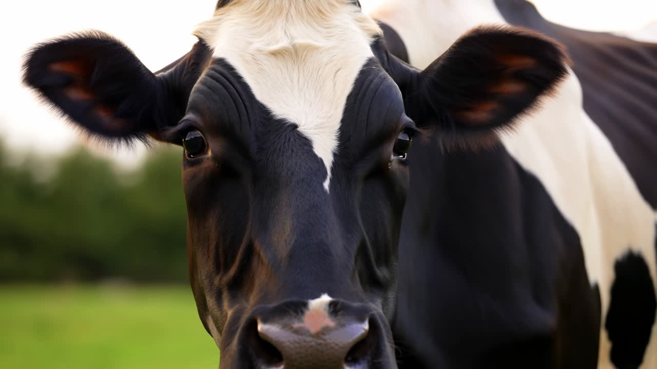 Holstein-lehmän lähimuotokuva, katsoo kameraan, mustavalkoinen turkki erottuvilla kuvioinneilla, eteenpäin suuntautuneet korvat ja märkä kuono