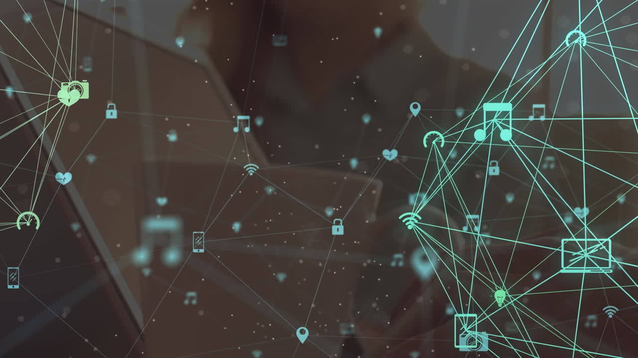 Animation of network of connections over women using laptop