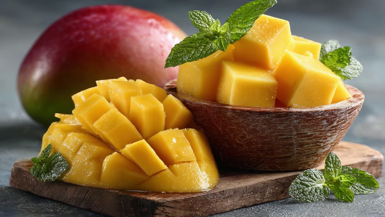 Fette e cubetti di mango deliziosamente freschi con guarnizione di menta, che mettono in mostra il colore vibrante e la texture naturale di manghi maturi su un tagliere di legno.