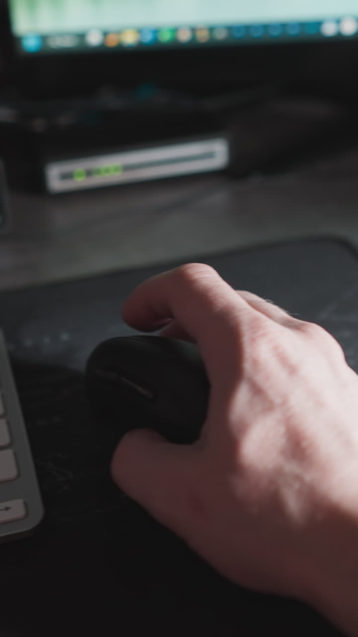 pov de una persona que hace varias tareas en una computadora, escribiendo y moviendo el ratón con una mirada contemplativa lejos, a medida que la pantalla cambia